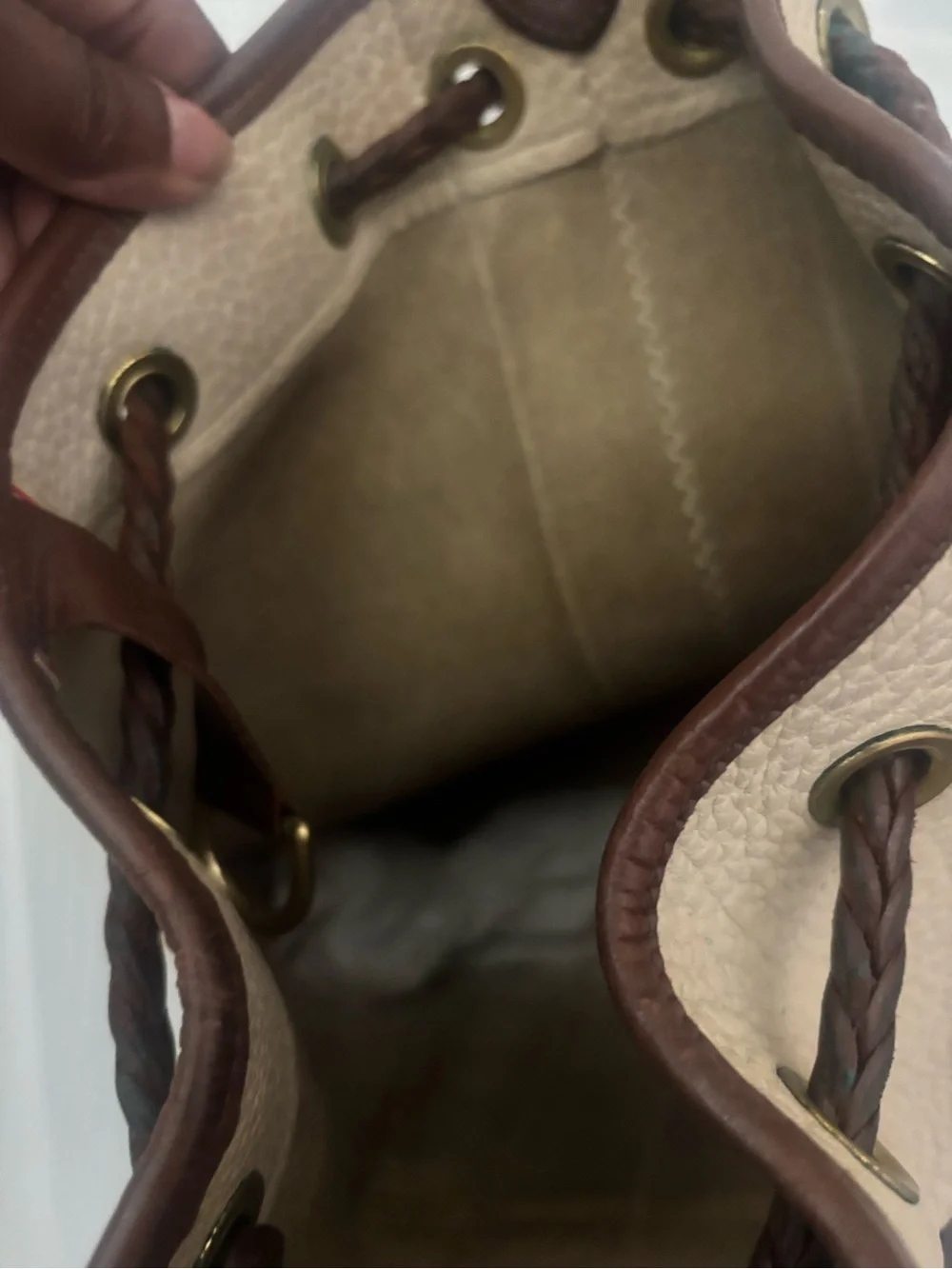 Dooney & Bourke Beige and Brown Leather Drawstring Bucket Backpack